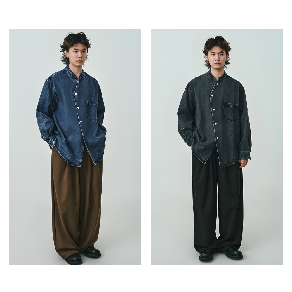 Stand Collar Snapped Denim Shirts