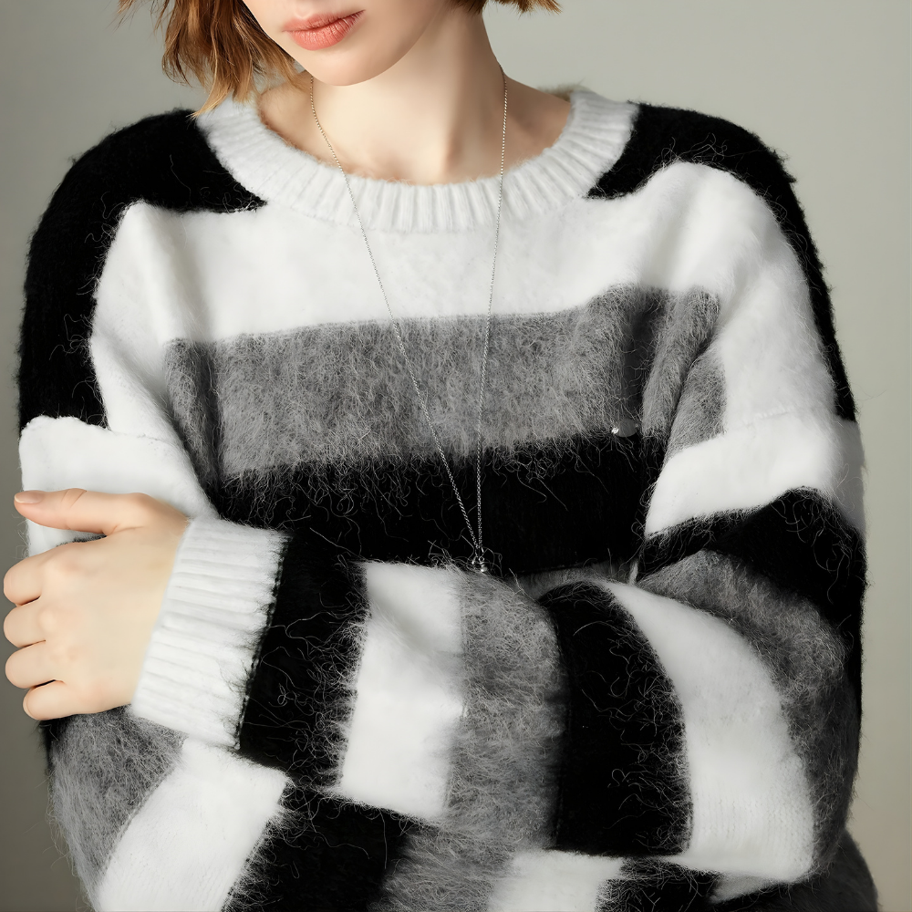 Wool Blend Crew Neck Stripe Sweater
