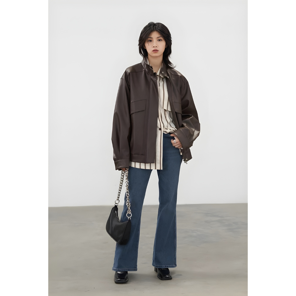 Stand Collar PU Leather Coat