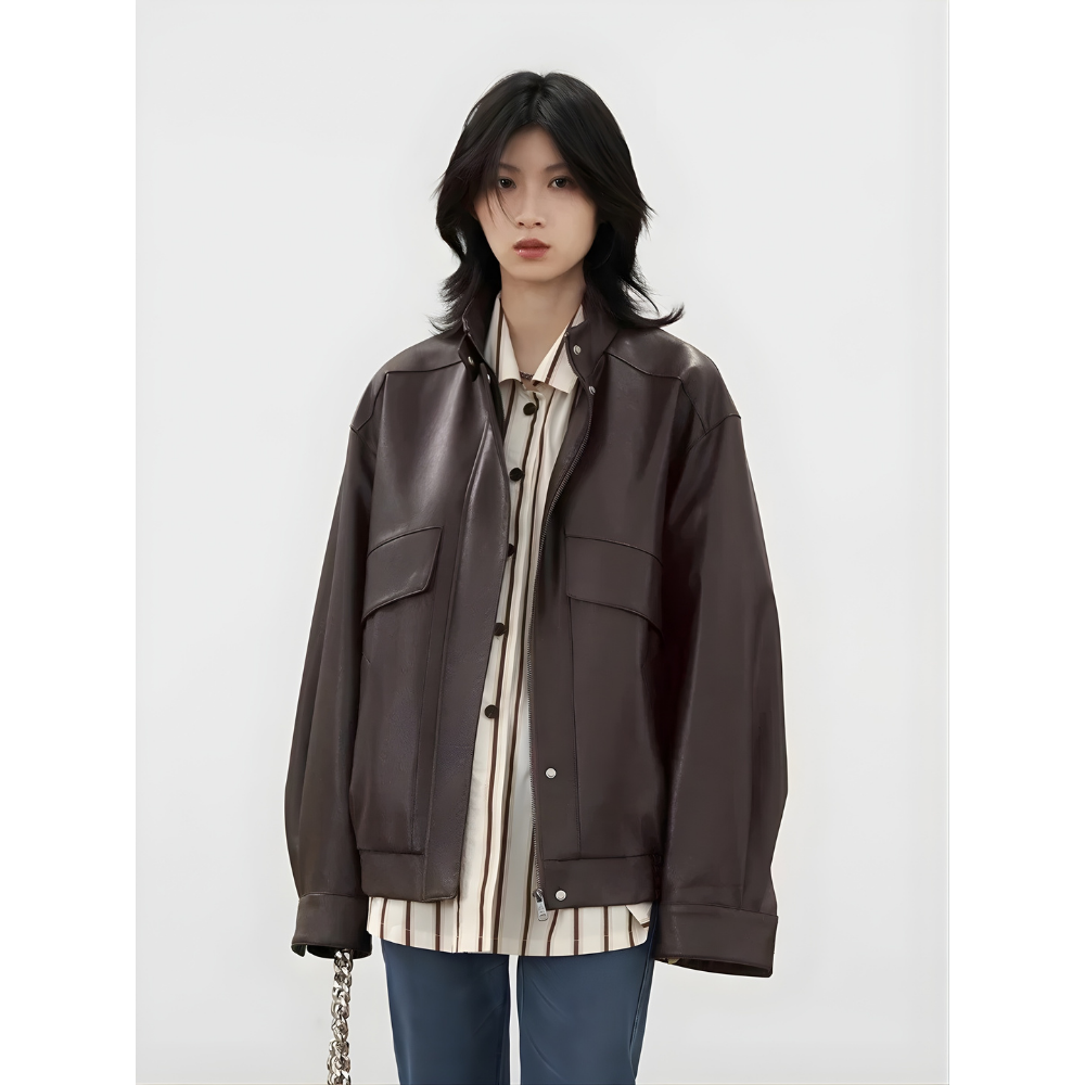 Stand Collar PU Leather Coat