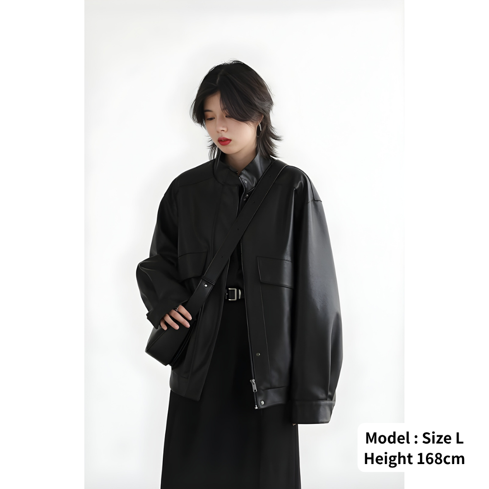 Stand Collar PU Leather Coat
