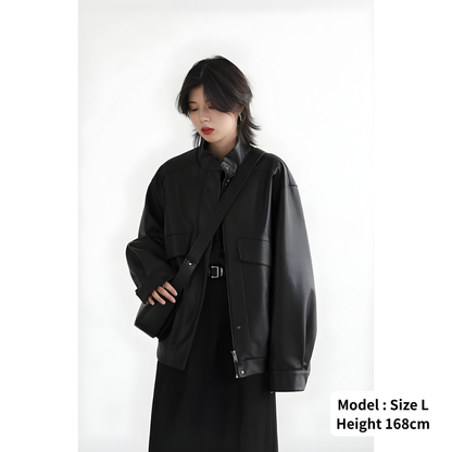 Stand Collar PU Leather Coat