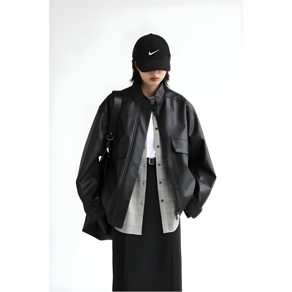 Stand Collar PU Leather Coat