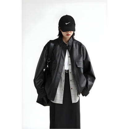 Stand Collar PU Leather Coat