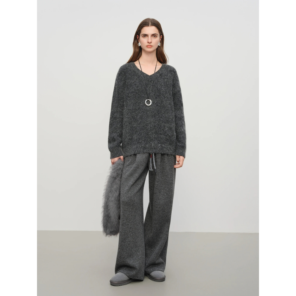 Drawstring Wool Blend Straight Trousers