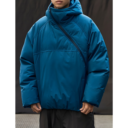 Loose Padded Cotton Hooded Diagonal Jacket
