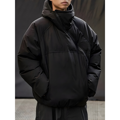 Loose Padded Cotton Hooded Diagonal Jacket