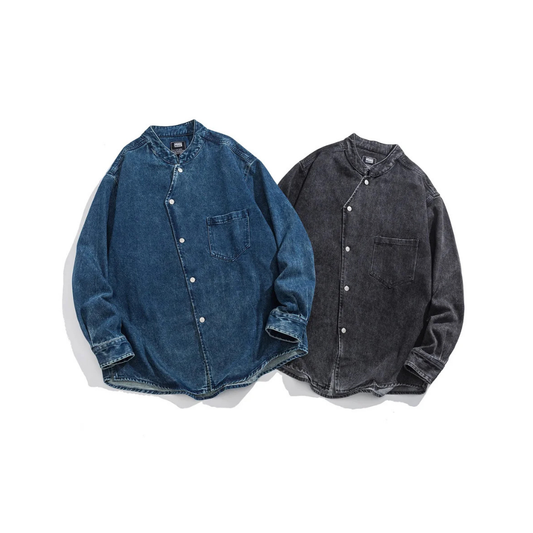 Stand Collar Snapped Denim Shirts