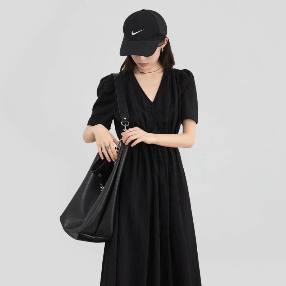 V-neck A Line Short Bubble Sleeves Dress