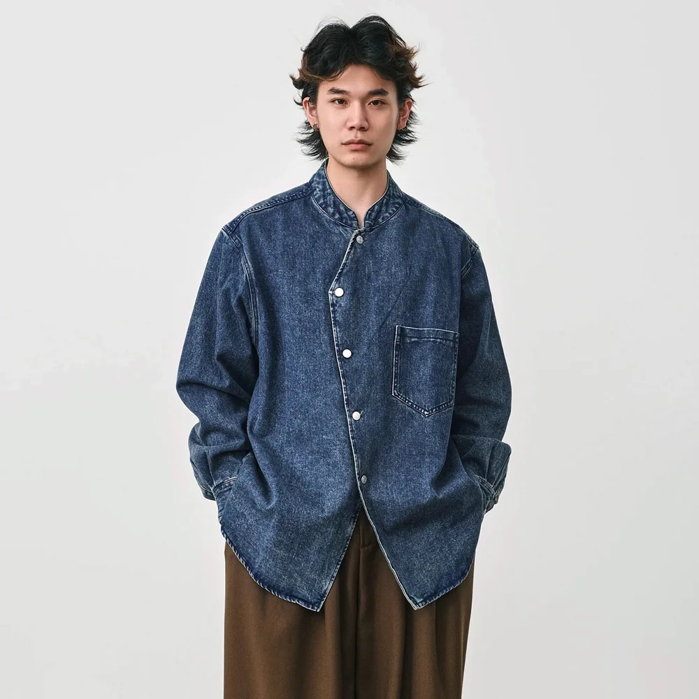 Stand Collar Snapped Denim Shirts