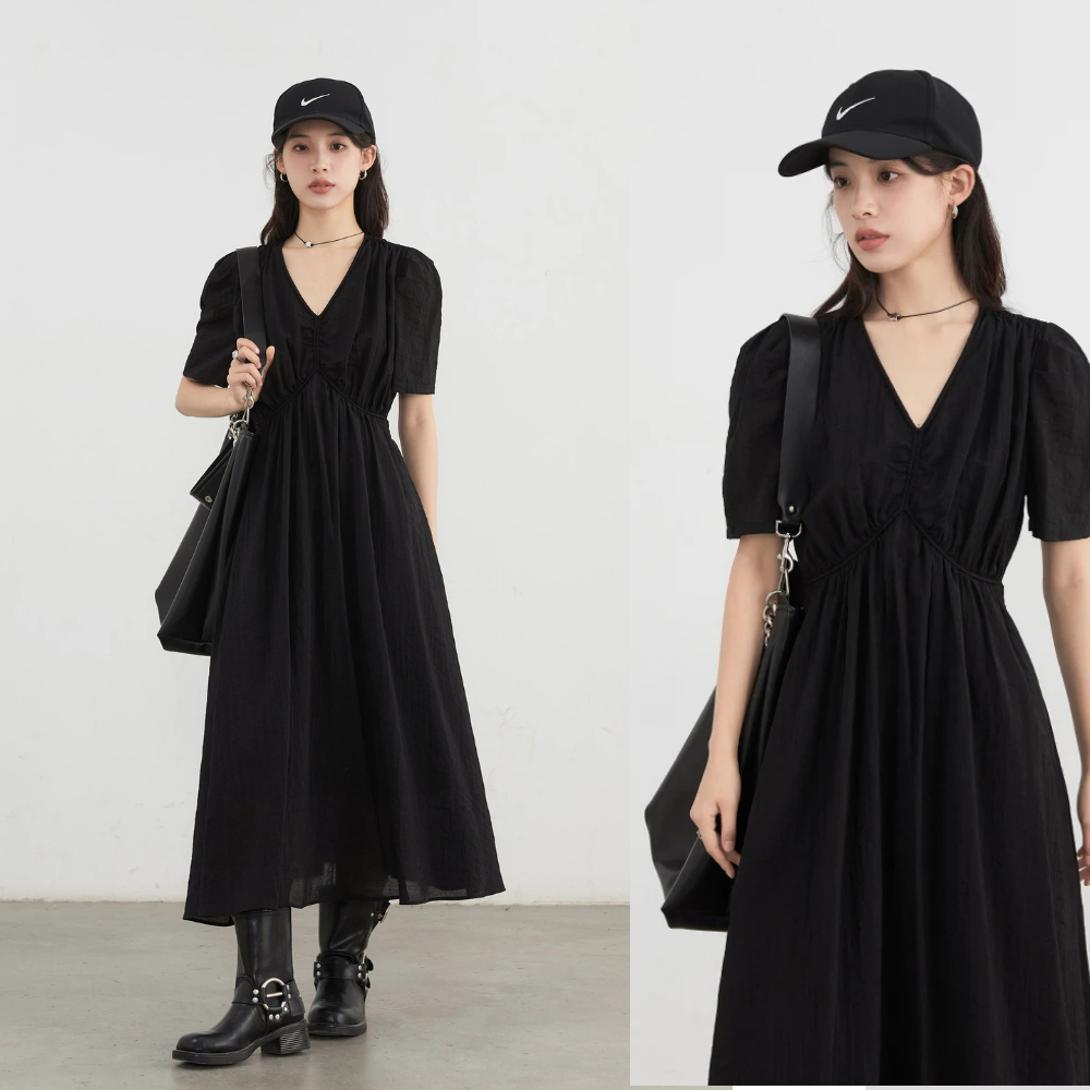 V-neck A Line Short Bubble Sleeves Dress