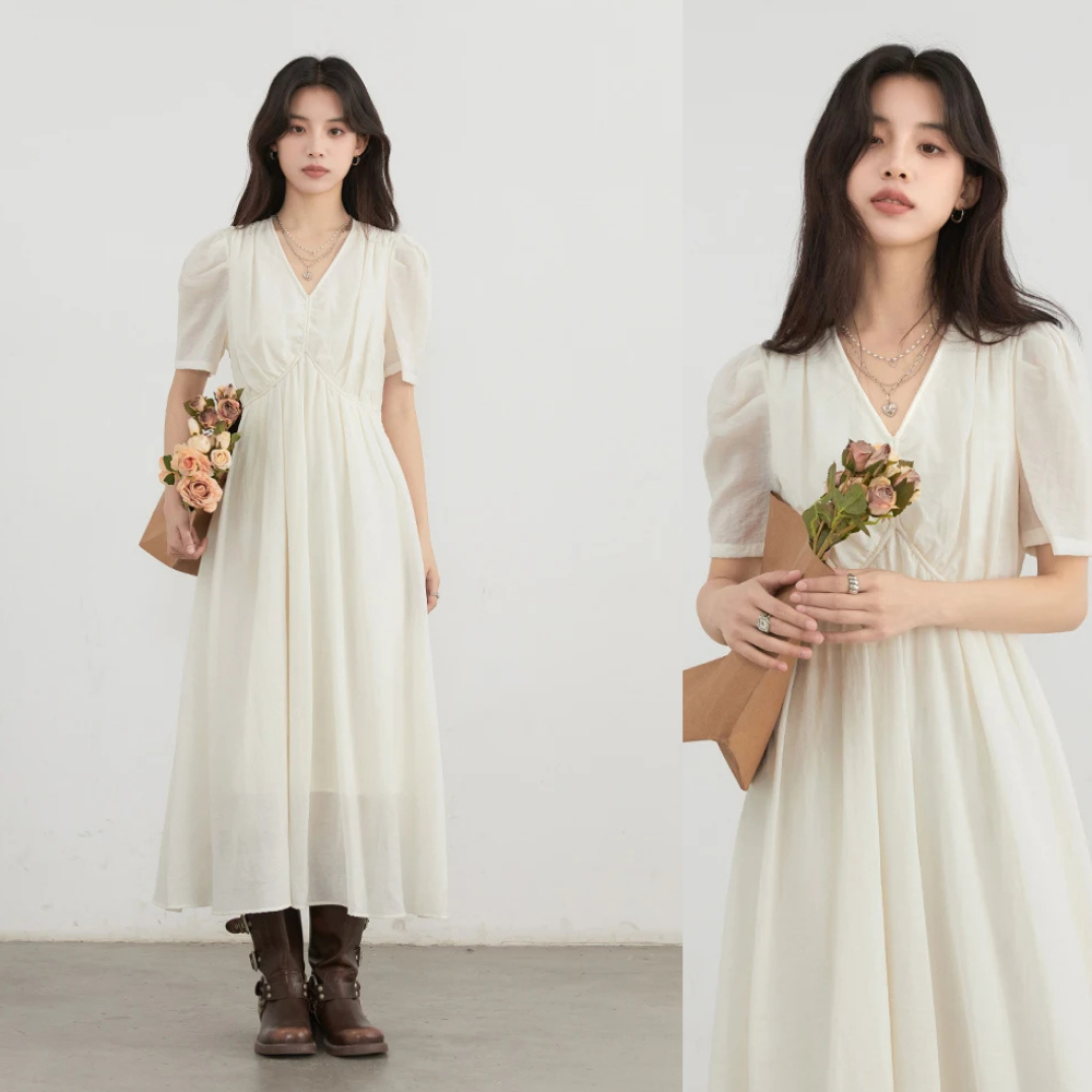 V-neck A Line Short Bubble Sleeves Dress