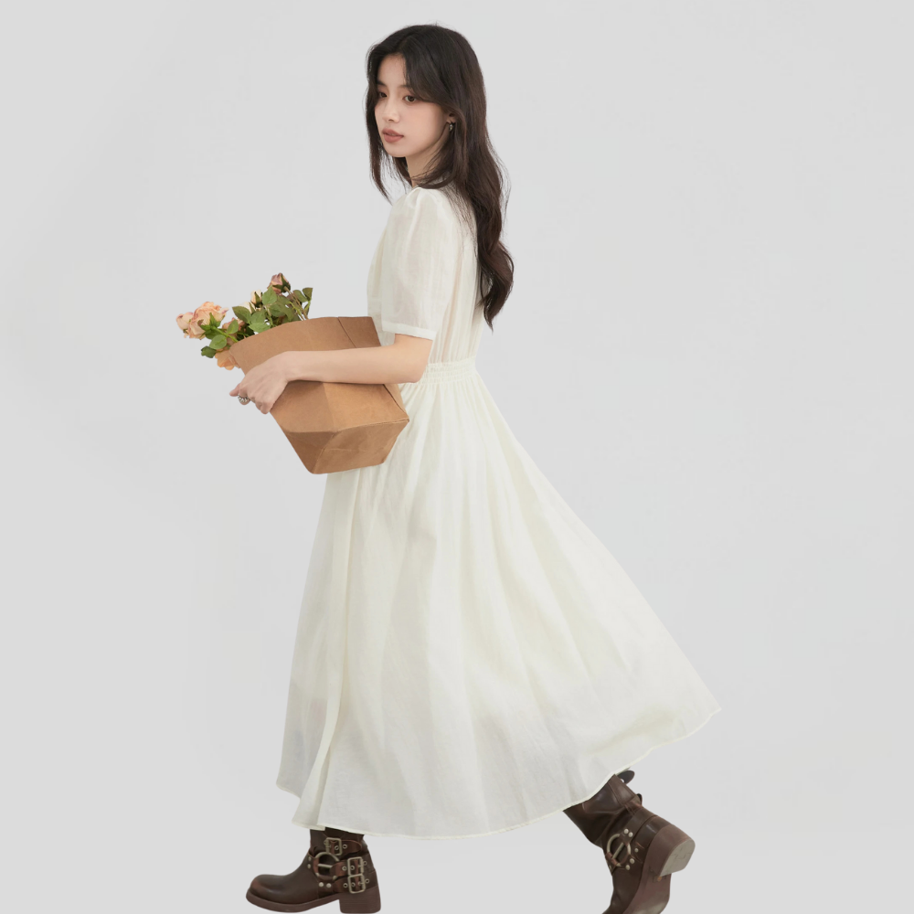 V-neck A Line Short Bubble Sleeves Dress