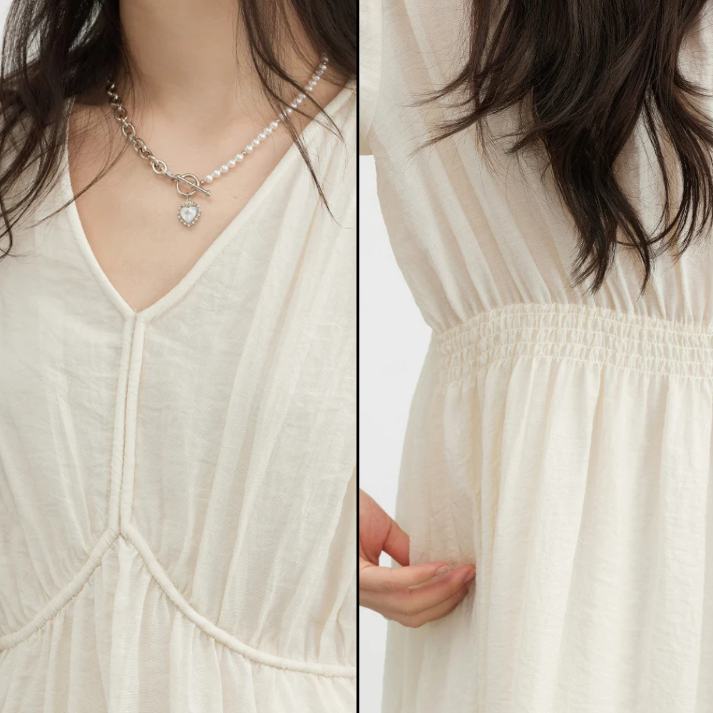 V-neck A Line Short Bubble Sleeves Dress