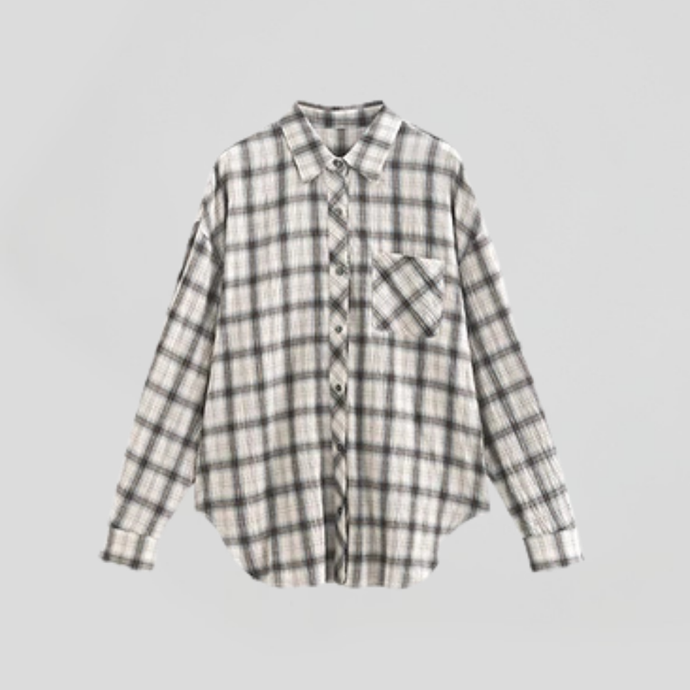 Down Collar Long Sleeve Checking Blouse