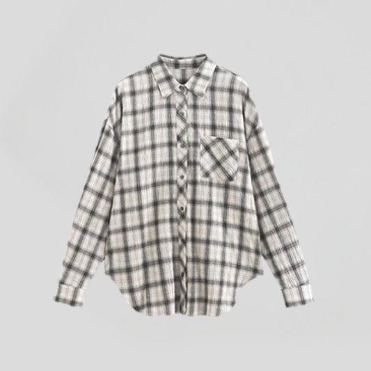 Down Collar Long Sleeve Checking Blouse