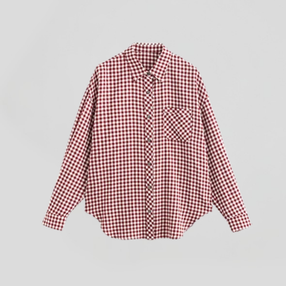 Down Collar Long Sleeve Checking Blouse
