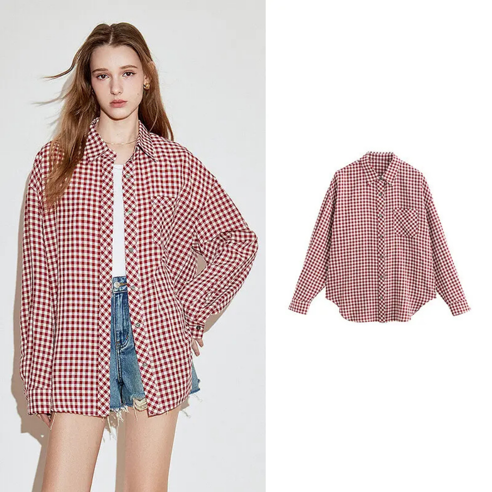 Down Collar Long Sleeve Checking Blouse