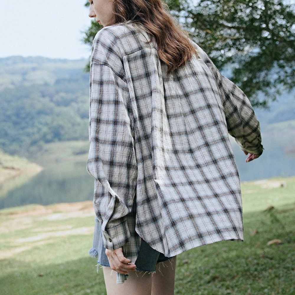 Down Collar Long Sleeve Checking Blouse