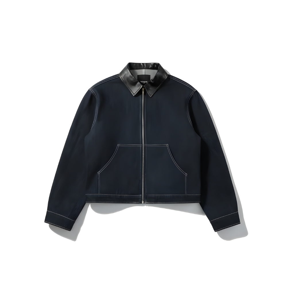 Vintage Leather Collar Spliced Denim Jacket