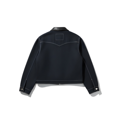 Vintage Leather Collar Spliced Denim Jacket