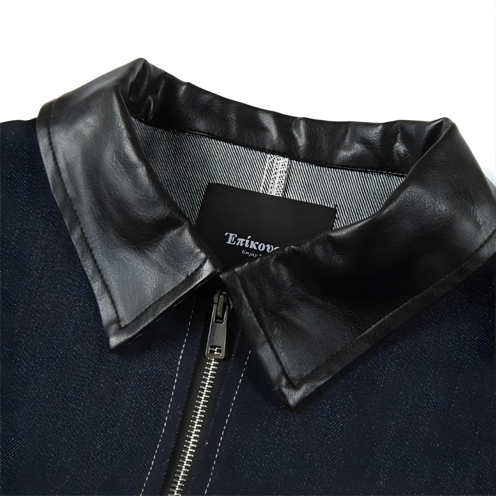 Vintage Leather Collar Spliced Denim Jacket