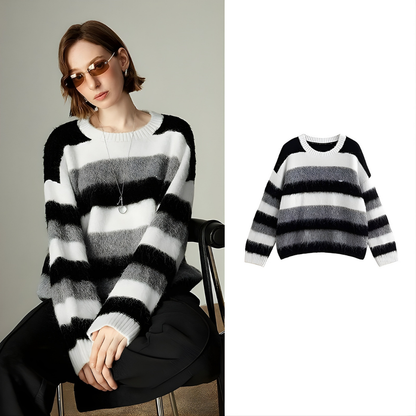 Wool Blend Crew Neck Stripe Sweater