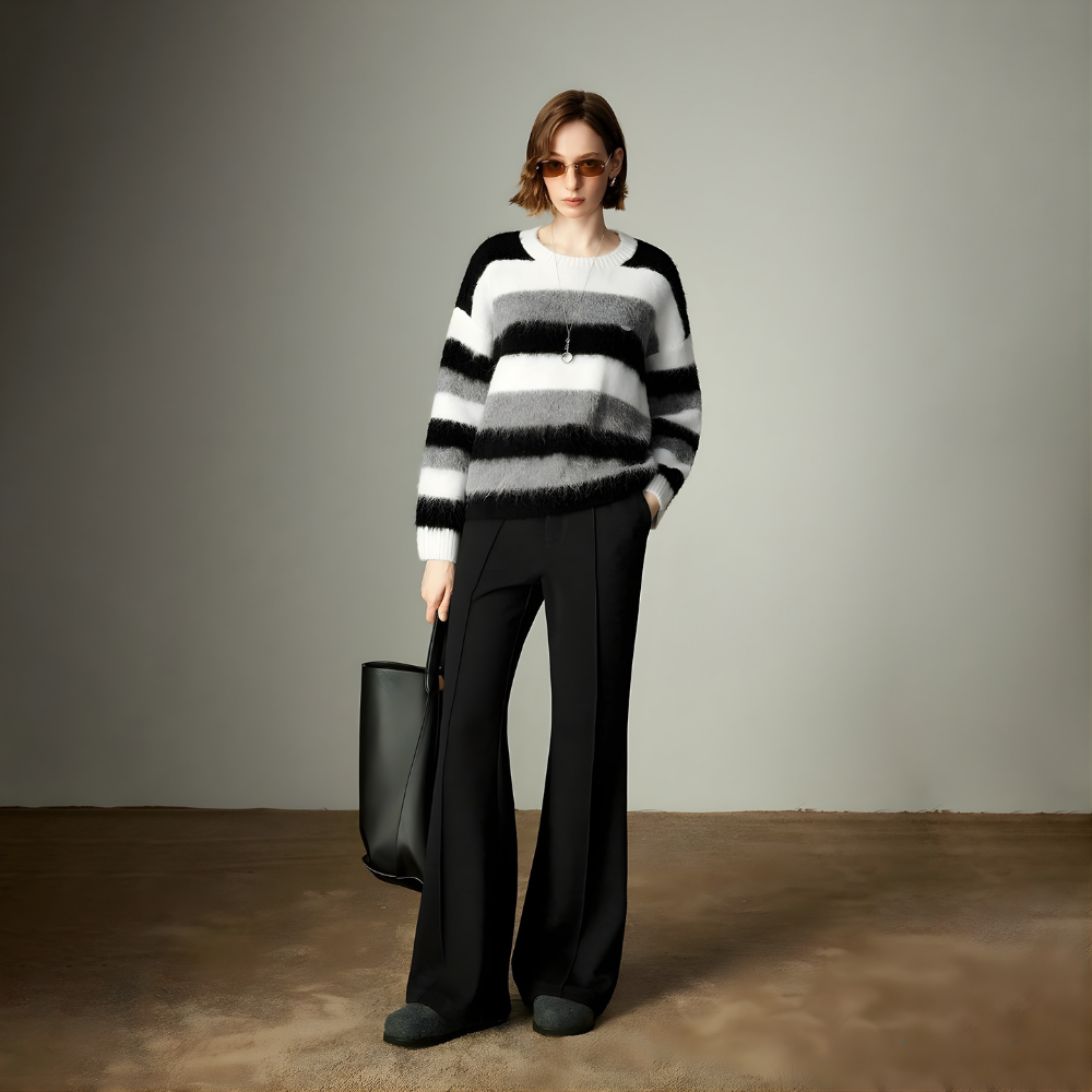 Wool Blend Crew Neck Stripe Sweater