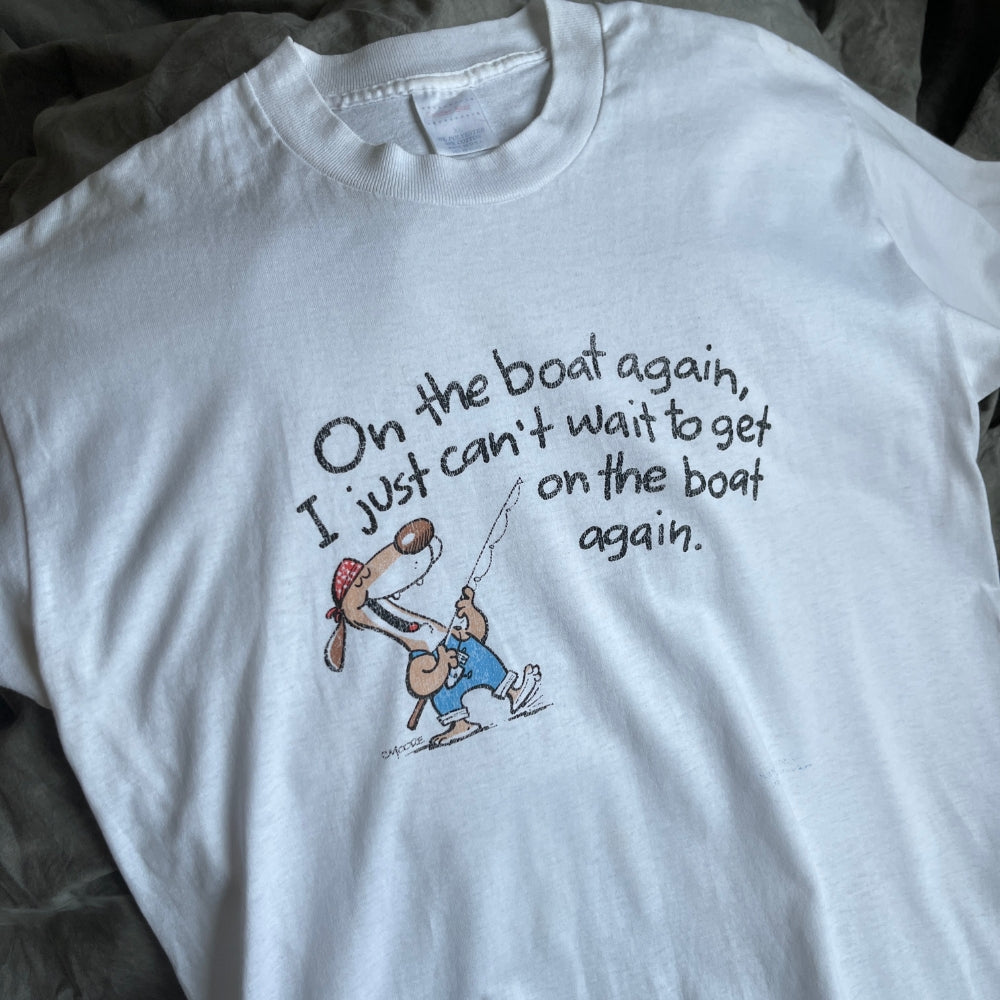 80s Country dog print Tee singing 'on the boat again'