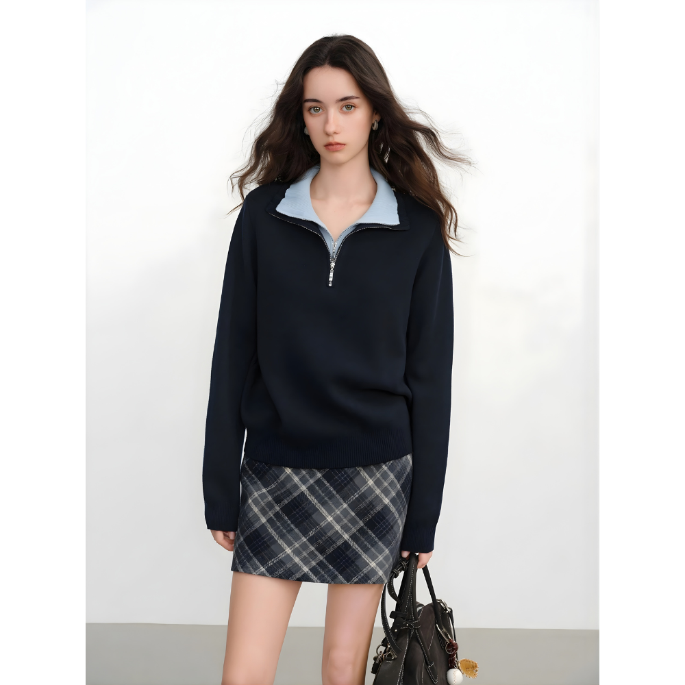 Half Zip Layered Knit Pullover