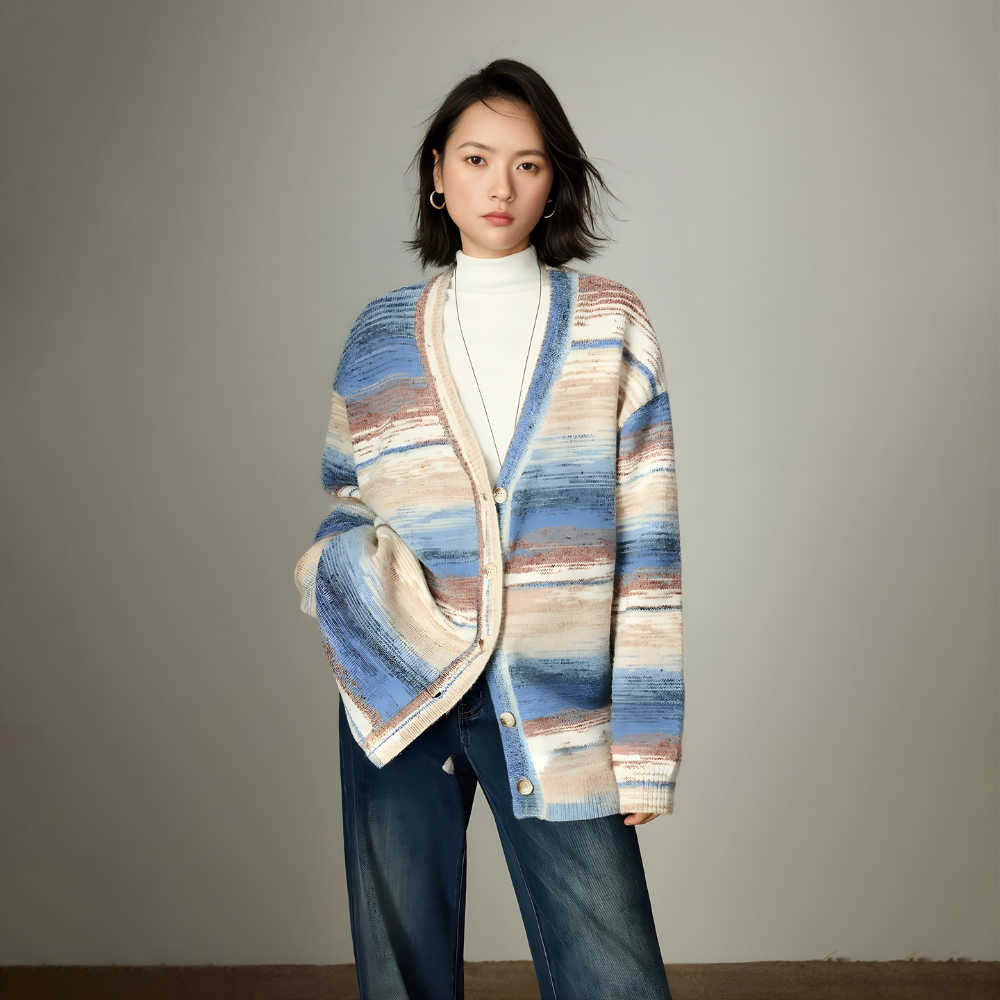 Stripe V-Neck Mixed Cardigan