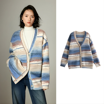 Stripe V-Neck Mixed Cardigan