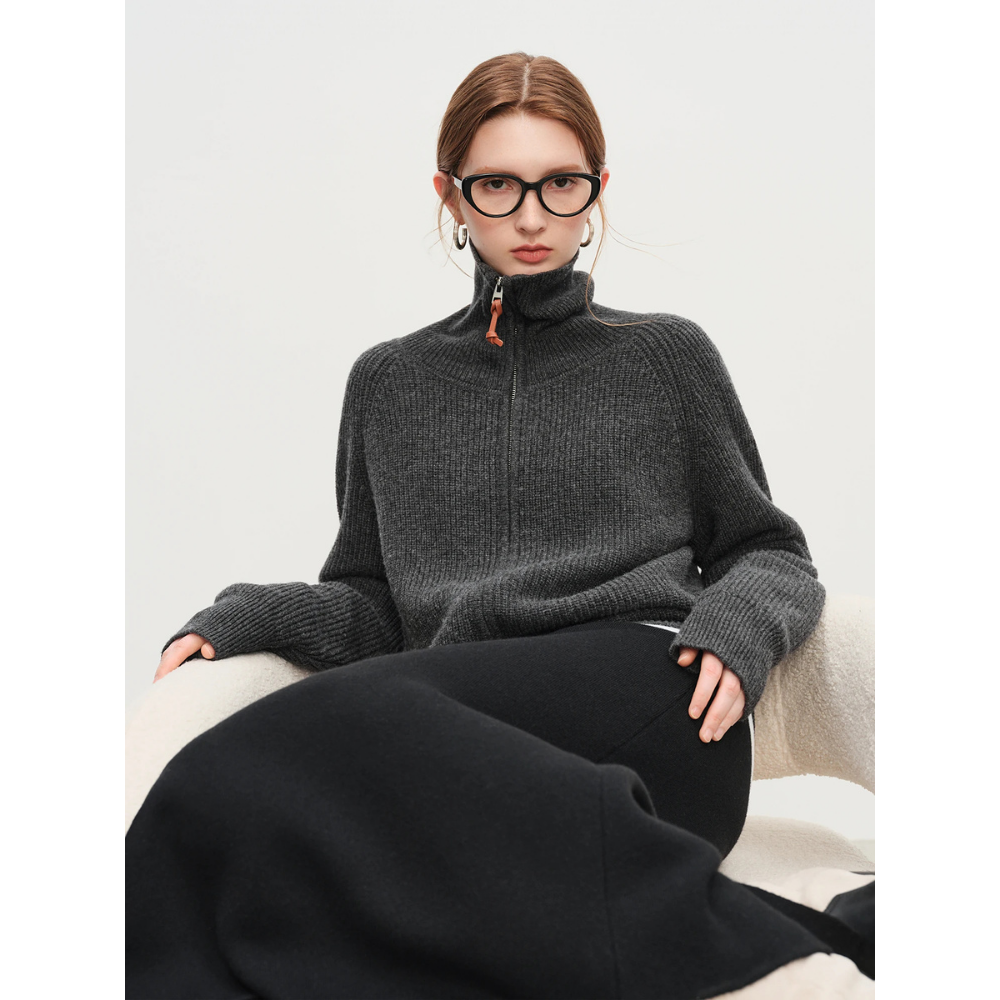 Wool Blend Full Zip Knit Cardigan