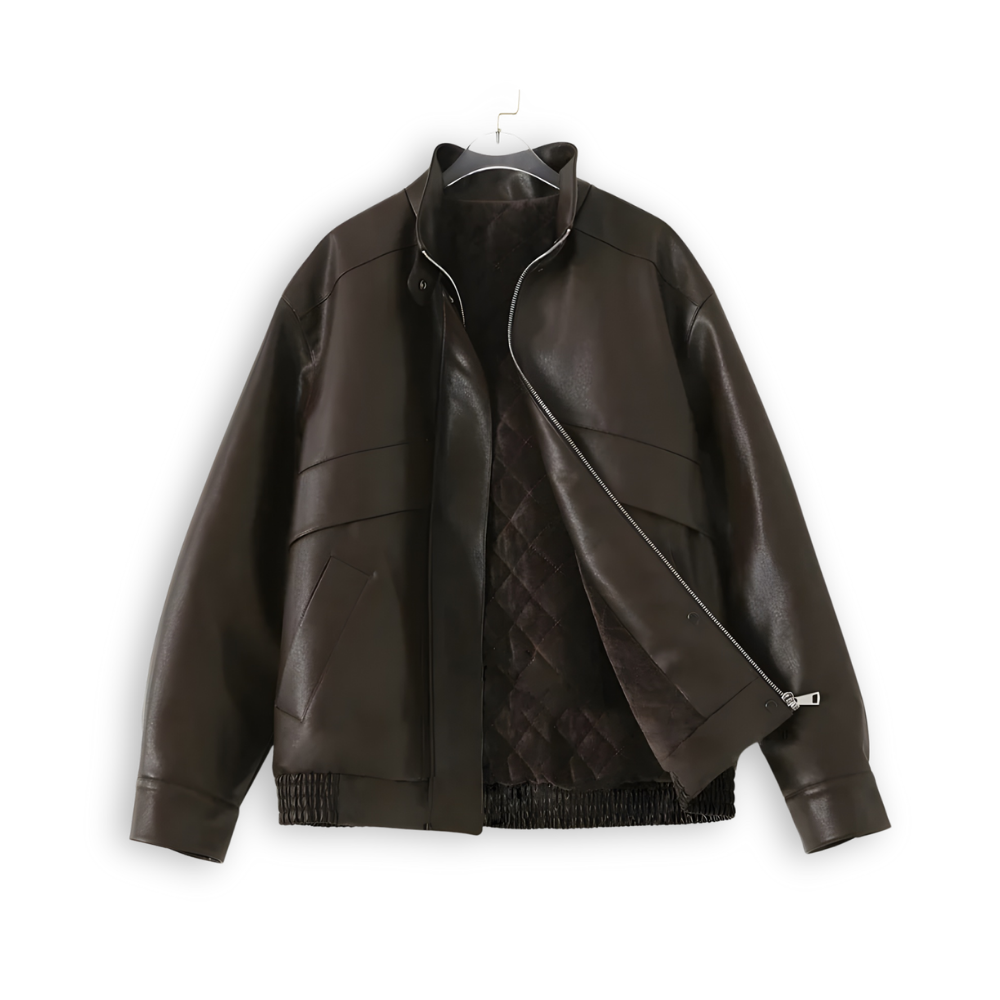 Stand Collar PU Leather Coat