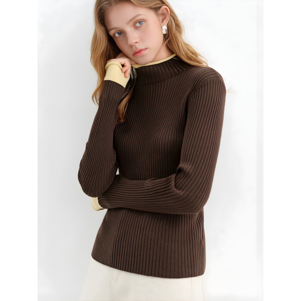 Mock Neck Switching Pattern Knit Pullover